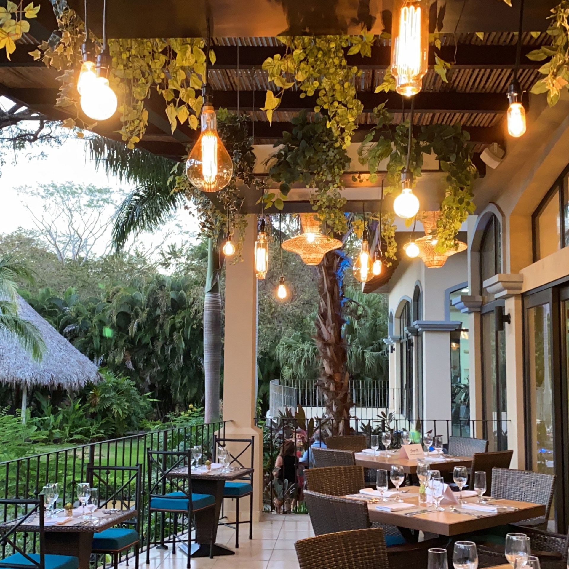 a dining room table in front of a building