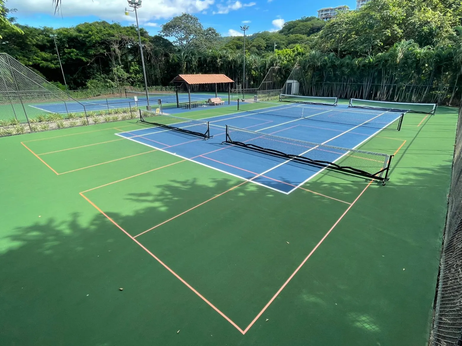 a green ball on a court with a racquet