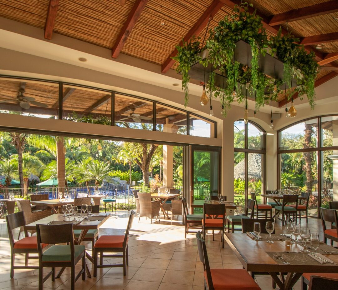 a dining room table in front of a building